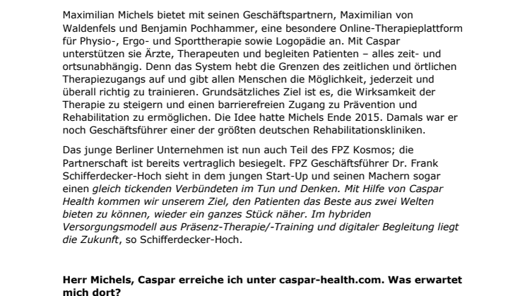 Interview mit FPZ Kooperationspartner Max Michels (Caspar): "Wir bauen die digitale Rehaklinik für alle"