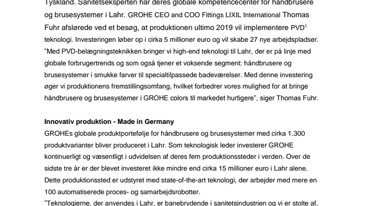 GROHE investerer 5 millioner euro i farveteknologi og skaber nye arbejdspladser