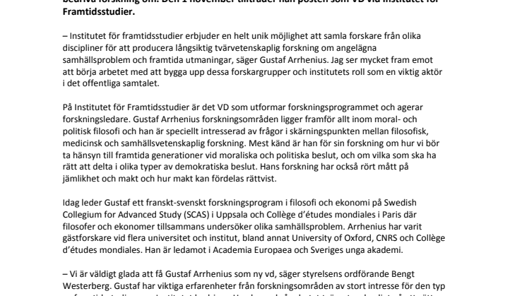 Gustaf Arrhenius ny VD för Institutet för Framtidsstudier