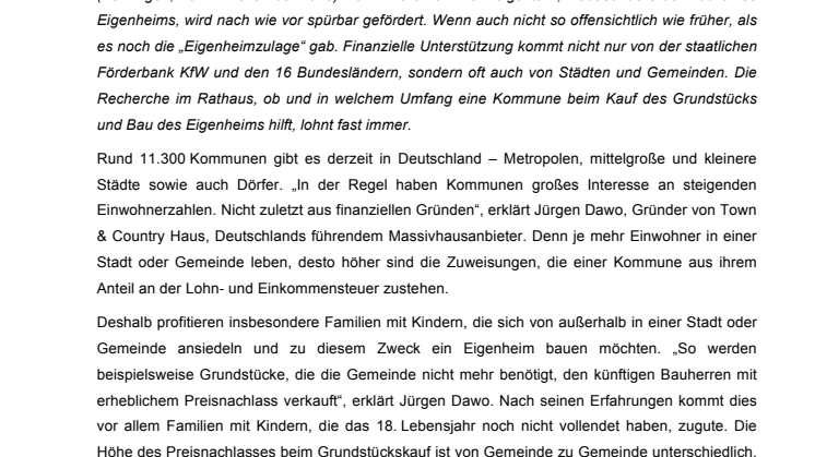 Town & Country-Verbrauchertipp: So fördern Städte und Gemeinden Bauherrenfamilien