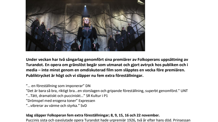 Folkoperan ger extraföreställningar av Turandot