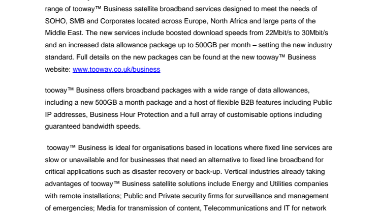 Eutelsat Broadband boosts speed and sets the industry standard for data allowance options with latest range of tooway™ Business satellite solutions