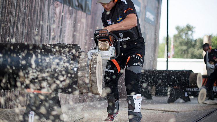Ferry Svan under Nordiska Mästerskapen 2018 där han slutade på en fjärdeplats. Foto: STIHL TIMBERSPORTS®.
