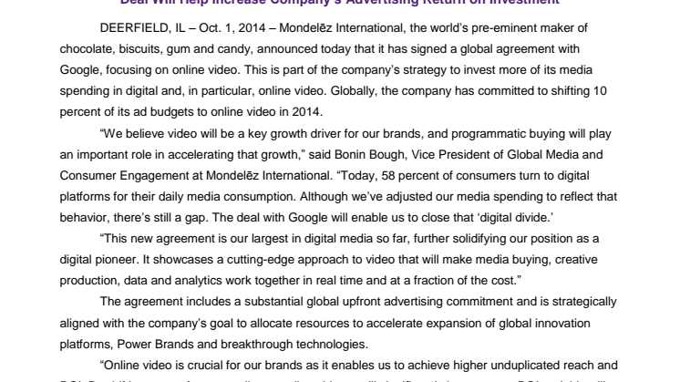 Mondelēz International Announces Deal with Google To Accelerate Online Video Investment