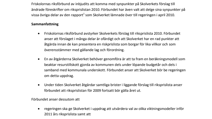Friskolornas riksförbunds yttrande över förslag till riksprislista avseende 2010
