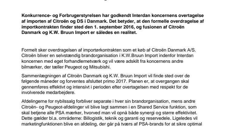 Grønt lys fra Konkurrence- og Forbrugerstyrelsen: Interdan koncernen overtager importen af Citroën og DS i Danmark