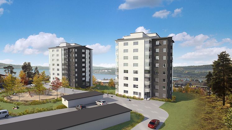 Brf Solsidan byggs utifrån NCC:s Folkboendekoncept, men har anpassats för att hålla en något högre standard. Bild: Arkinova Arkitekter