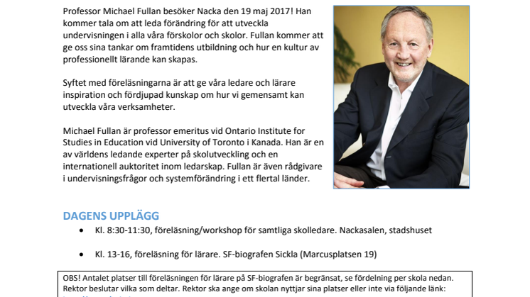 Inbjudan Föreläsning/workshop Michael Fullan