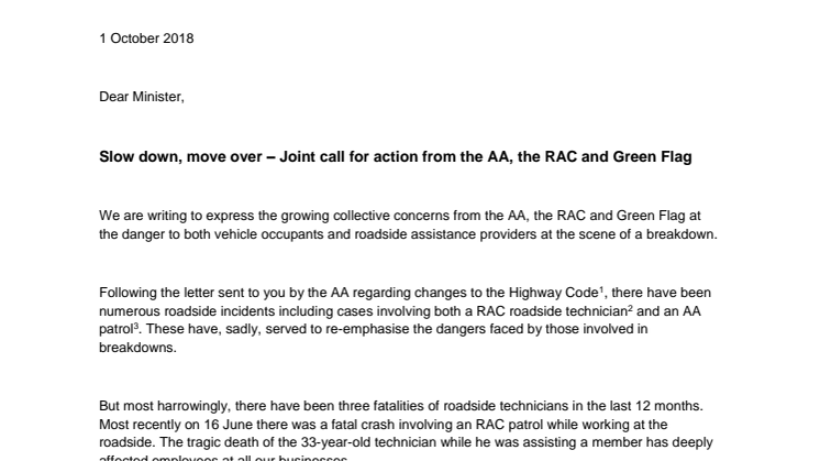 Joint letter to Roads Minister Jesse Norman on slow down, move over