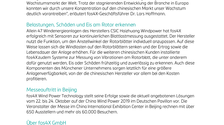 fos4X wächst in China: Lösungsanbieter zur Optimierung von Windkraftanlagen zieht positive Bilanz