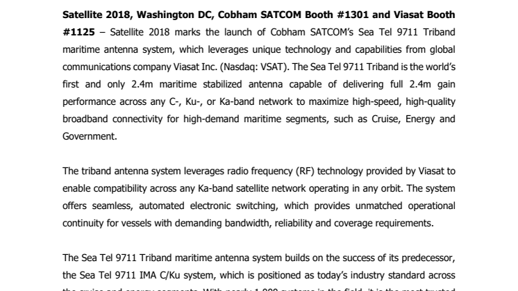 Cobham SATCOM - Satellite 2018: Cobham SATCOM and Viasat Introduce Transformational Maritime Antenna System for High-Speed Broadband Connectivity 