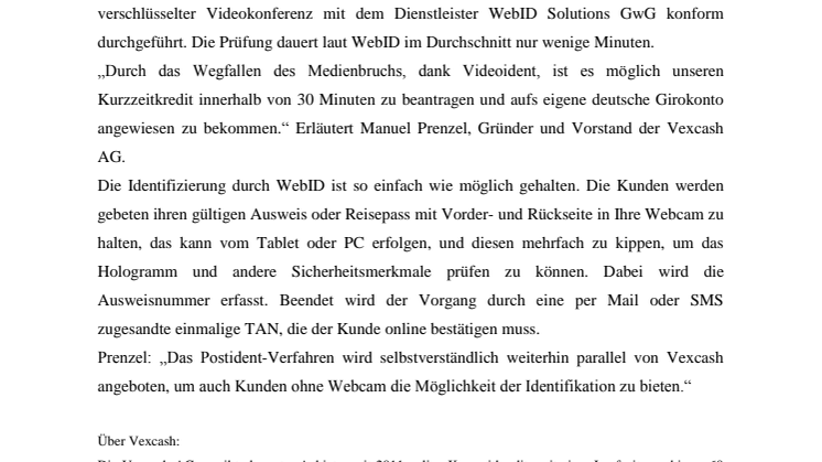 Kurzzeitkreditanbieter Vexcash vereinfacht Kreditvergabe durch Einführung von Videoidentifikation 