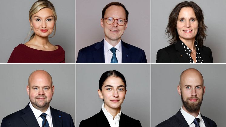 Uppifrån, från vänster till höger: Ebba Busch, Mats Persson, Jessika Roswall, Peter Kullgren, Romina Pourmokhtari, Carl-Oskar Bohlin. Montage. Foto: Regeringskansliet