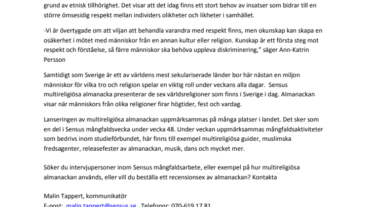 Lansering Sensus multireligiösa almanacka 2011 – med kunskap kan vi bemöta varandra med respekt
