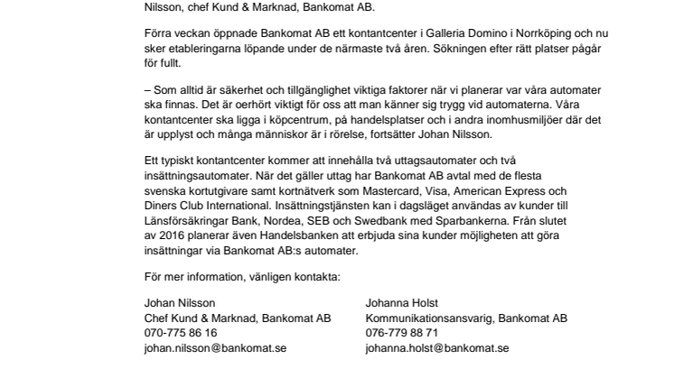 Bankomat AB etablerar kontantcenter