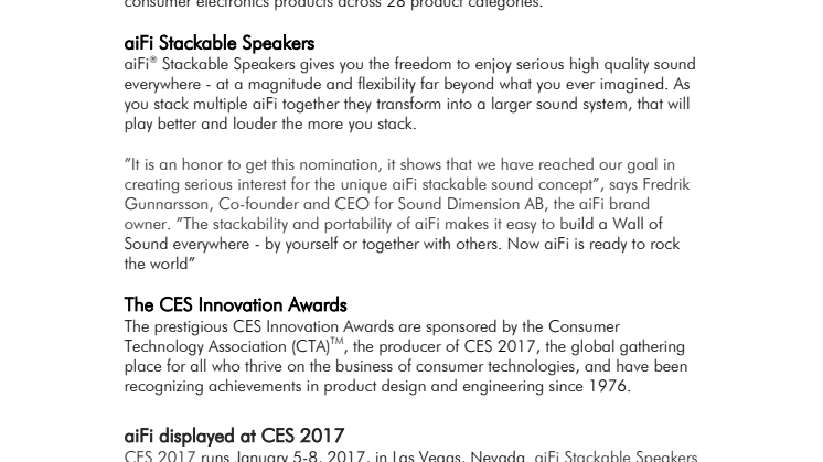 ​aiFi® nominerat till CES Innovation Awards Honoree 2017