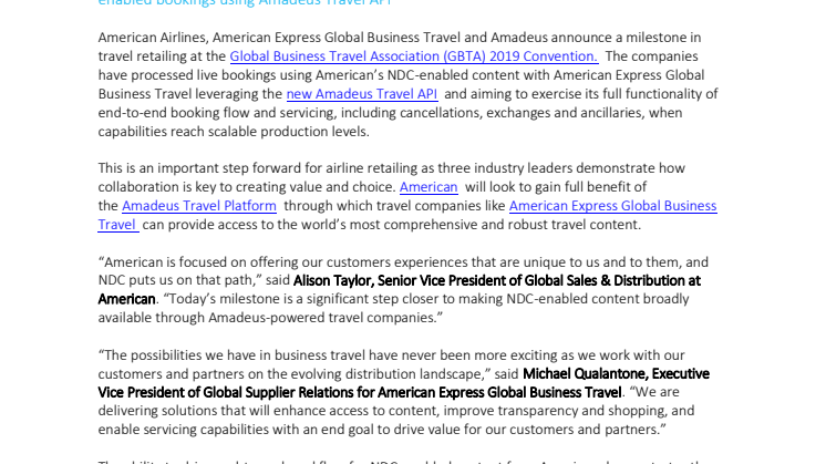 American Airlines, American Express Global Business Travel og Amadeus lancerer bookinger gennem NDC