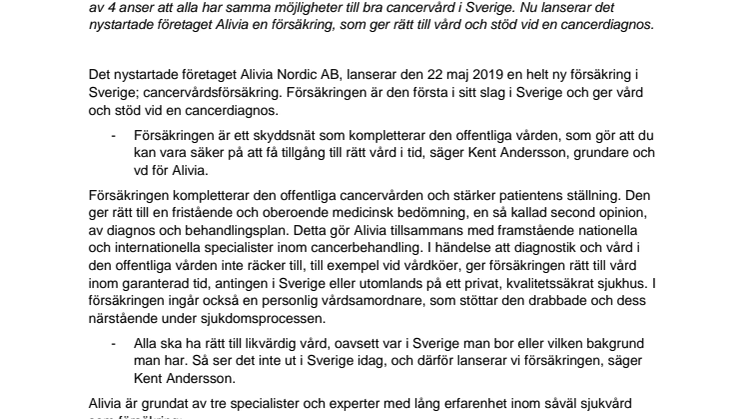 Ny försäkring i Sverige: Alivia lanserar cancervårdsförsäkring