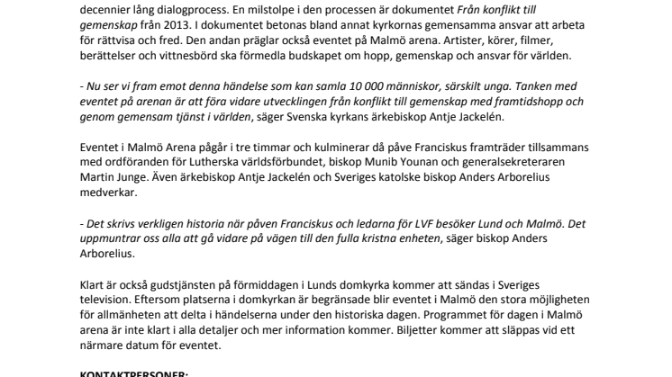 Påve Franciskus och lutherska ledare i stort event på Malmö arena