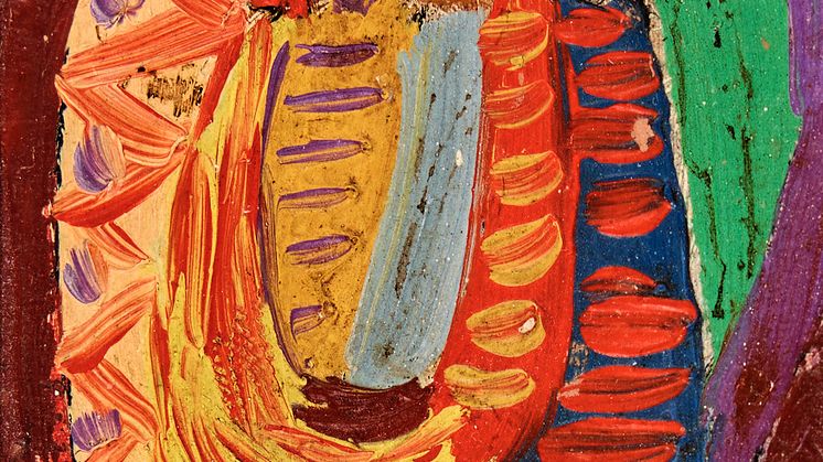 Asger Jorn- Uden titel, ca. 1944-45. Usign. Olie på plade indrammet med krydsfiner. 9 x 6,5. Lysmål 7,5 x 5..jpeg