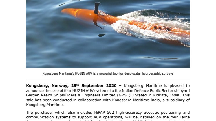 Kongsberg Maritime supply four HUGIN AUV survey systems to Garden Reach Shipbuilders & Engineers Ltd., India
