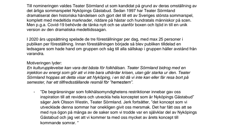 Sörmland nominerar Teater Sörmland till Stora Turismpriset 2020