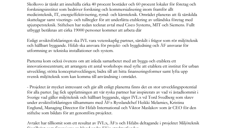 Hifab, IVL och ÅF partner vid planering av innovationscentrum i Moskva