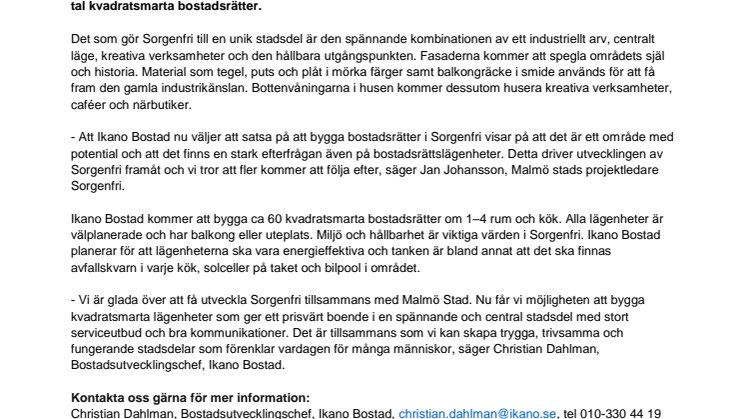 Ikano Bostad utvecklar Sorgenfri med Malmö stad
