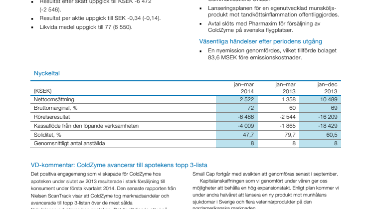 Delårsrapport för Enzymatica AB (publ) januari-mars 2014 