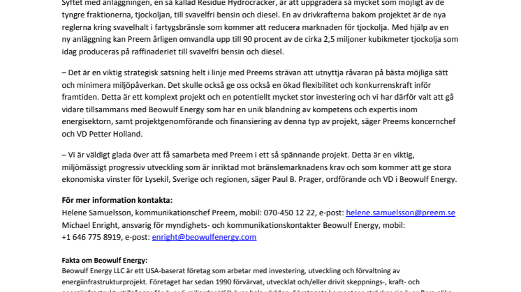 Preem tecknar större samarbetsavtal kring projekt med Beowulf Energy