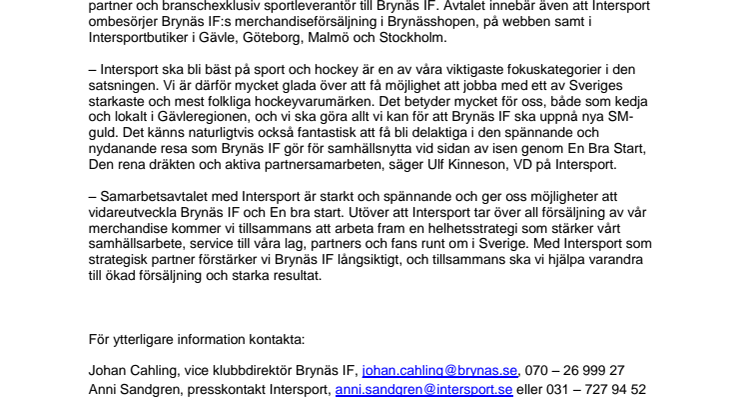Intersport ny officiell partner och exklusiv leverantör till Brynäs IF