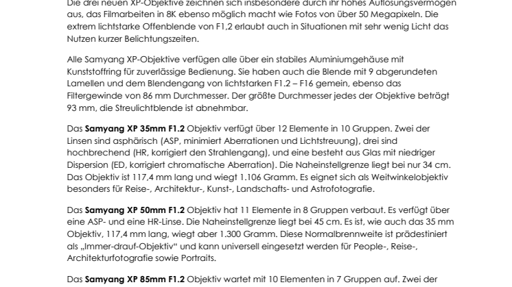 Samyang stellt drei neue Premium XP Objektive in 35, 50 und 85 mm für Canon EF vor