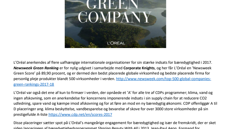 L’Oréal topper CDP og Newsweek Greens lister for bæredygtighed i 2017
