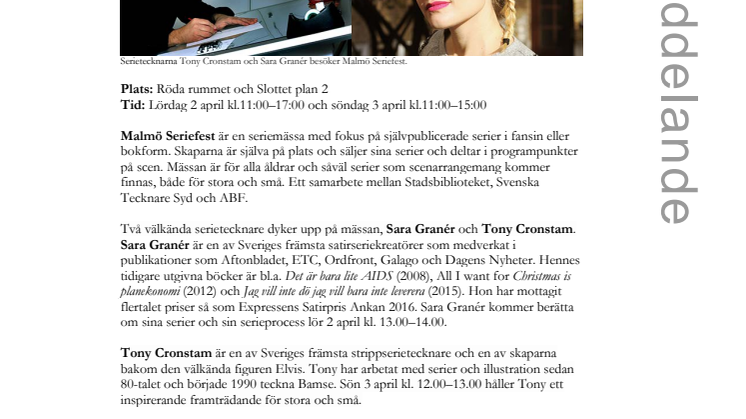 Sara Granér och Tony Cronstam gästar Malmö Seriefest 2–3 april på Stadsbiblioteket 