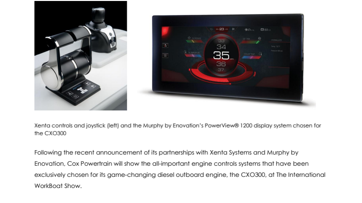 Cox Powertrain To Preview CXO300 Engine Controls And Display Systems To US Commercial Maritime Community