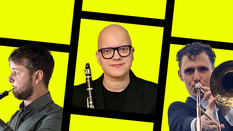 Josef Wijk (oboe) foto Thor Brödreskift, Luca Scappagnini (klarinett) foto Luca Scapapagnini, Carl Appelgren (trombon) foto Rebecka Elsgard. Retusch Vincent Werner