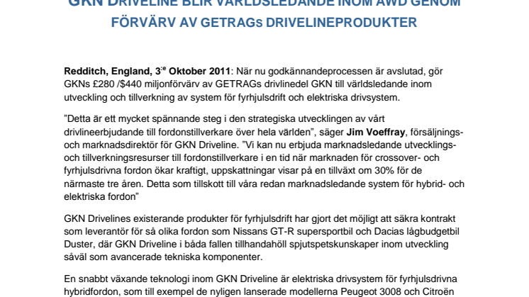 GKN Driveline blir världsledande inom AWD genom förvärv av Getrags drivlineprodukter inkl Getrag AWD i Köping