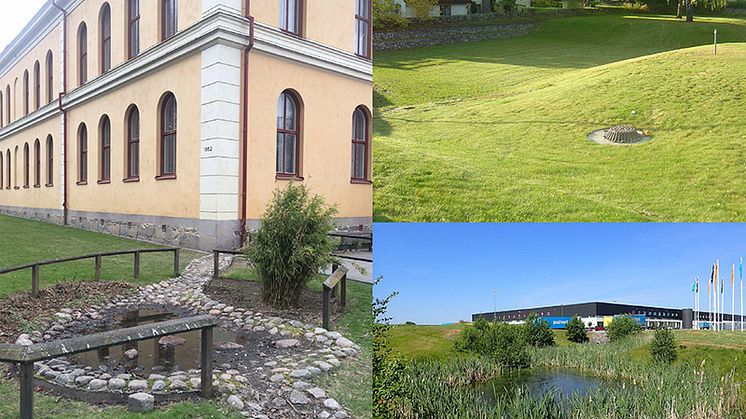 Rapportframsida: Vänster och nedre höger bilder: eget omhändertagande på kvartersmark, Norrköpings kommun. Bild överst till höger: översvämningsyta i villaområde, Växjö kommun. Foton: WSP Sverige AB