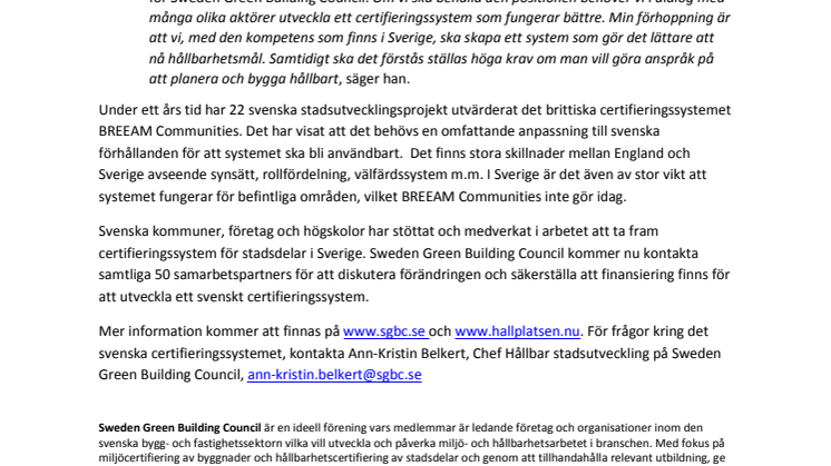 Nytt svenskt certifieringssystem för hållbara städer