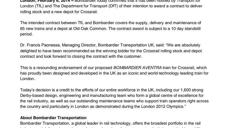 Bombardier vinner upphandling av tåg till Crossrail-projektet i London
