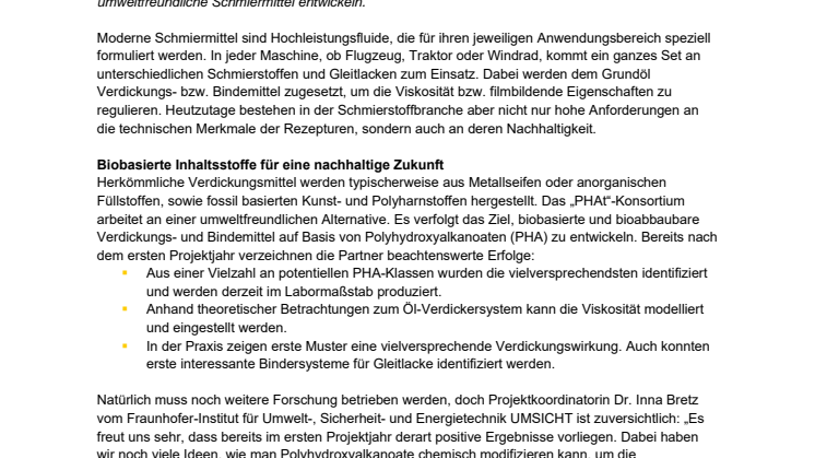 Große Fortschritte bei der Entwicklung umweltverträglicher Schmierstoffe