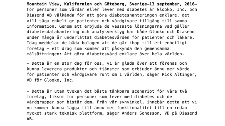 Diasend AB och Glooko går ihop – bildar världens främsta företag inom diabetesdatahantering