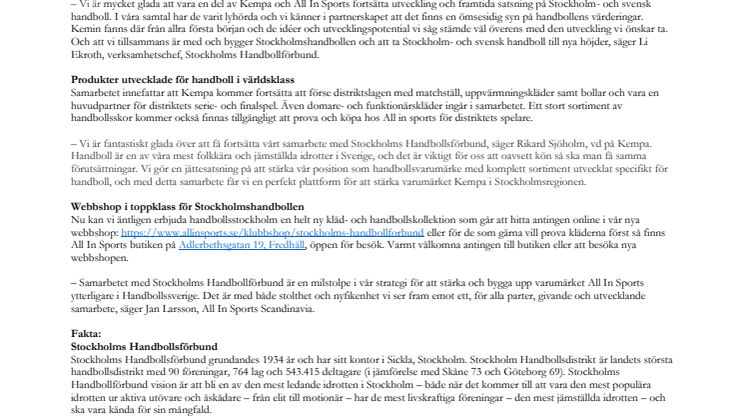 Stockholms Handbollsförbund skriver nytt avtal med klädleverantören Kempa och återförsäljaren All In Sports