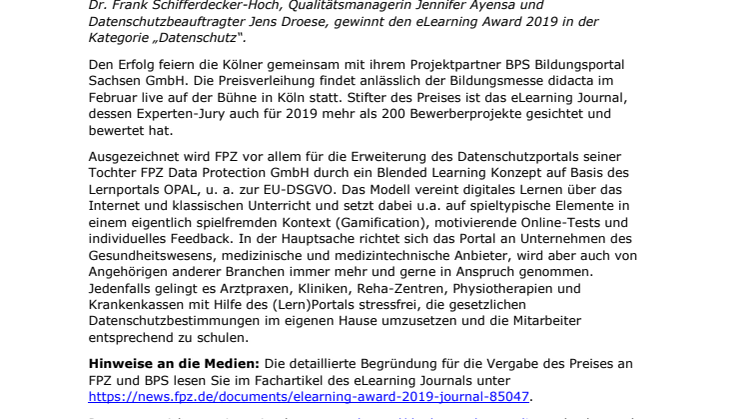 FPZ gewinnt eLearning Award 2019 - Gemeinsamer Erfolg mit Projektpartner BPS in der Kategorie Datenschutz