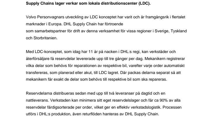 DHL utökar stort reservdelsuppdrag för Volvo Personvagnar