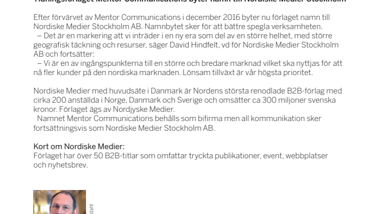 Tidningsförlaget Mentor Communications byter namn till Nordiske Medier Stockholm
