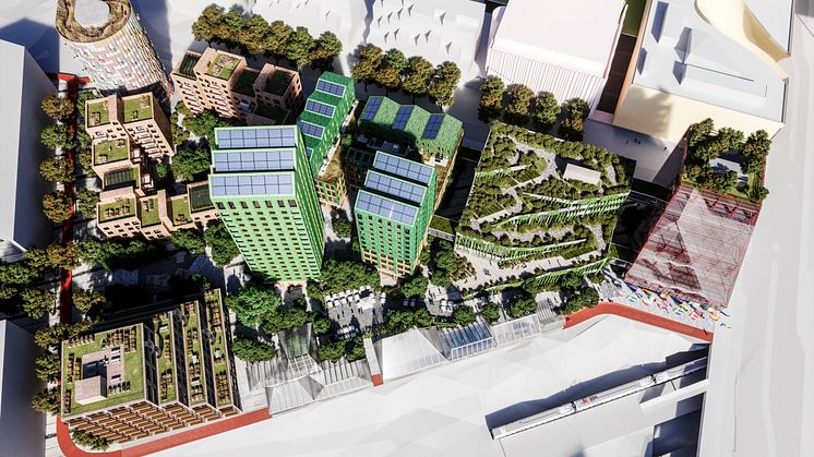 Midrocs förslag till utveckling av markområdet i Hyllie centrum. Illustration: Wingårdh arkitektkontor