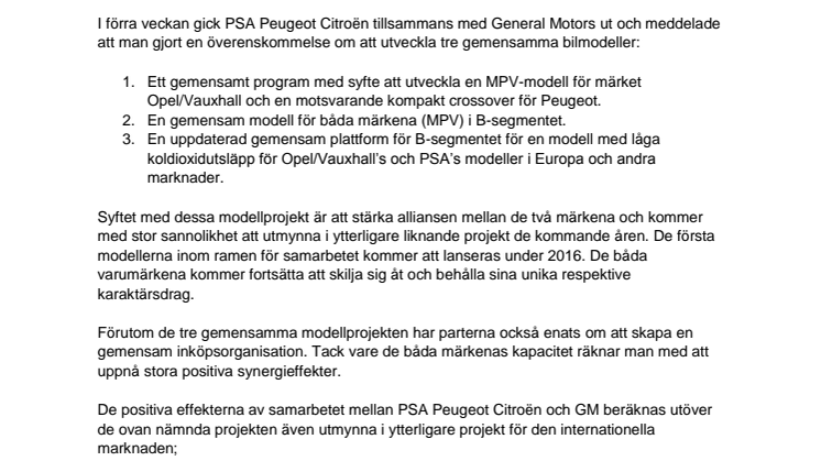 Positiv utveckling av samarbetet mellan PSA Peugeot Citroën och General Motors