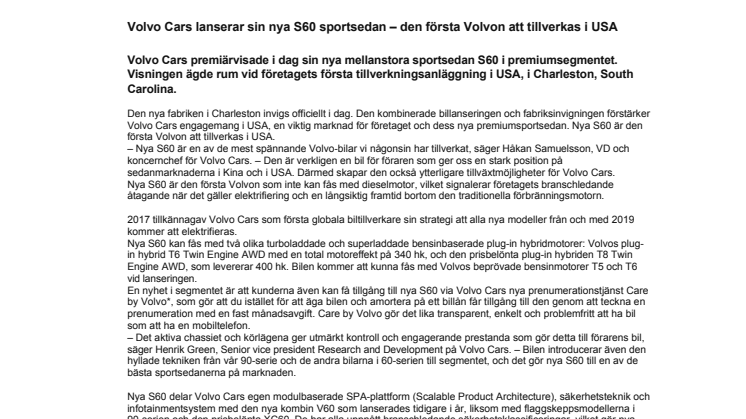 Volvo Cars lanserar sin nya S60 sportsedan – den första Volvon att tillverkas i USA