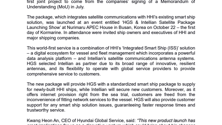 World-first package pairs Intellian satcom with Hyundai Global Service’s smart ship solution